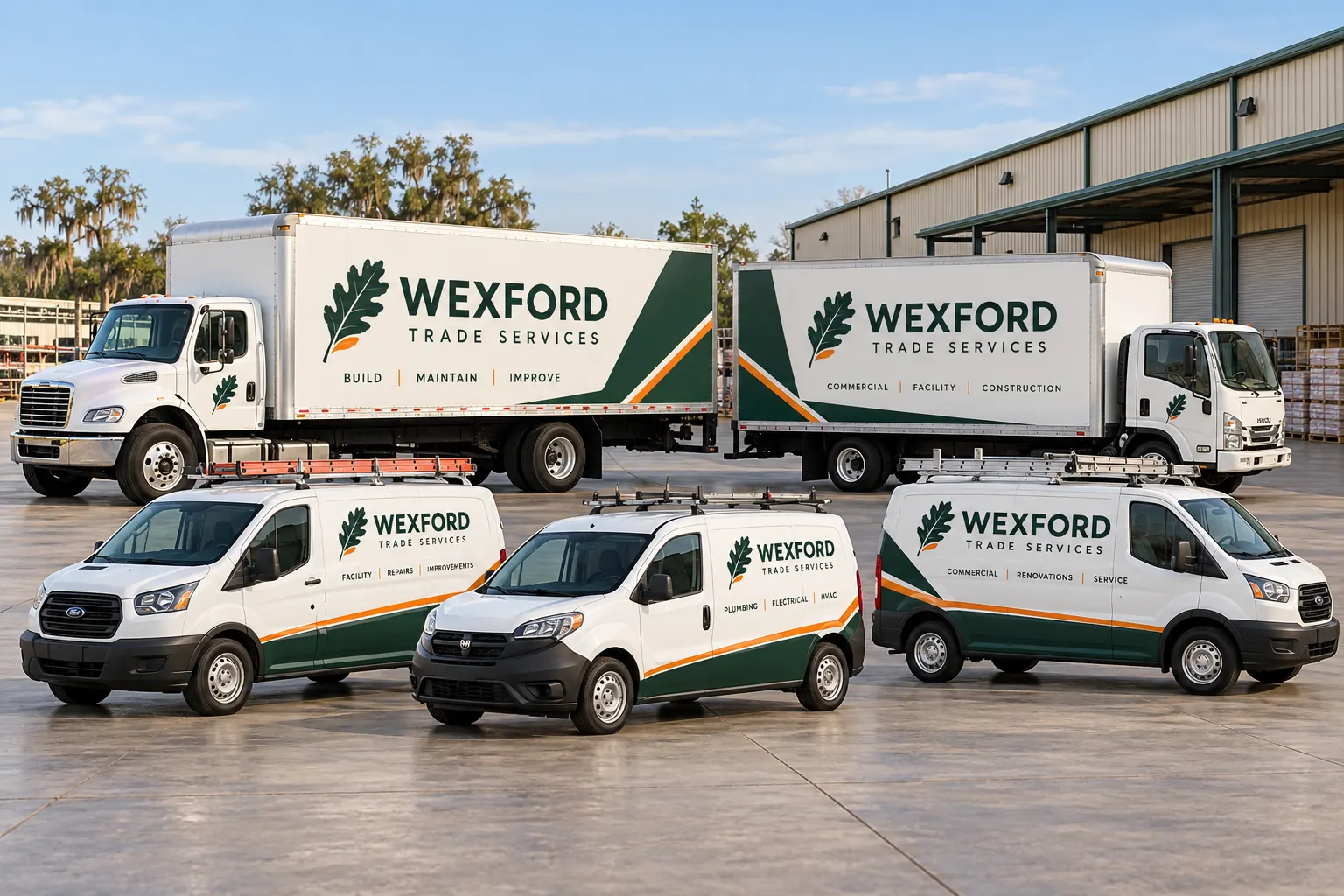 Fleet Wrap Pricing and Volume Planning for Mixed Commercial Fleets – fictional design concept Wexford Trade Services mixed commercial fleet, fictional design concept