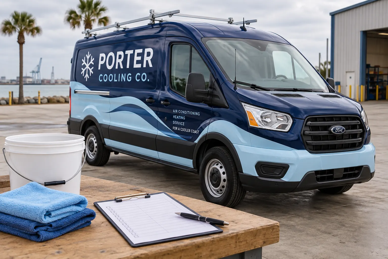Commercial Wrap Care Checklist and Handover Worksheet – fictional design concept Porter Cooling Co care handover scene, fictional business