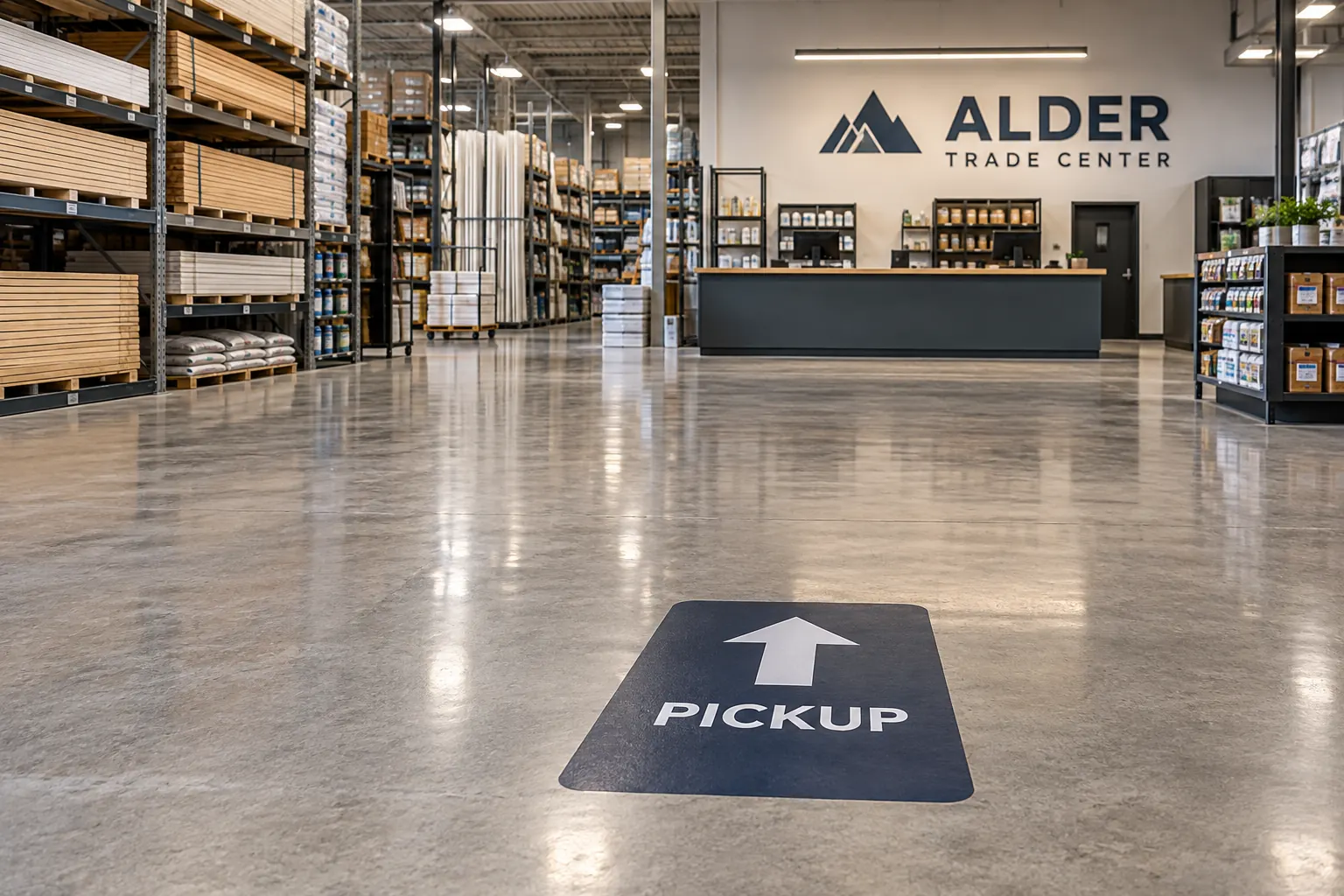 Commercial Floor Graphics for Wayfinding and Campaigns – fictional design concept Alder Trade Center pickup floor wayfinding graphic, fictional design concept