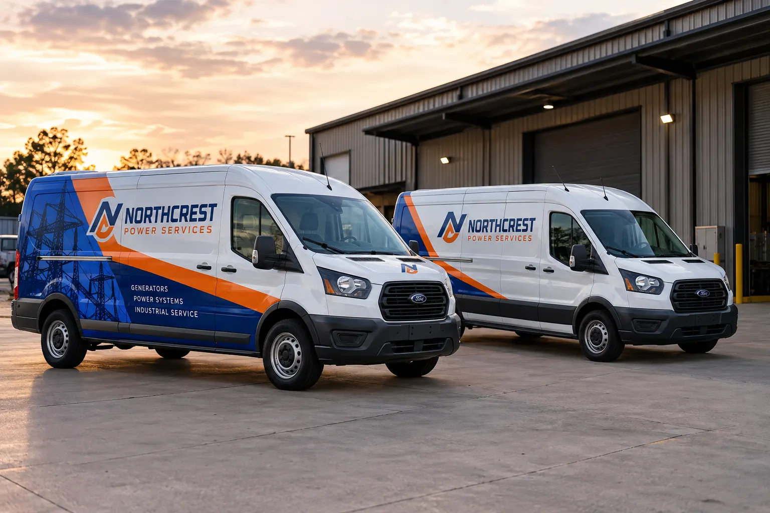 Northcrest Power Services vans with different printed coverage approaches, fictional design concept. Northcrest Power Services vans with different printed coverage approaches, fictional design concept.