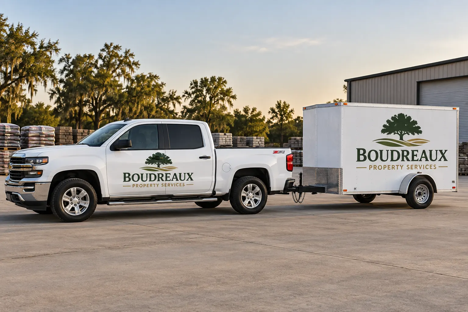 Gretna Vehicle Wraps and Fleet Graphics: Coordinate Assets That Work Together – fictional design concept Boudreaux Property Services pickup and trailer, fictional Gretna-area planning concept