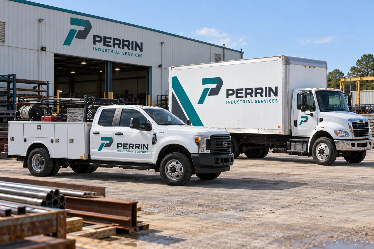 Harvey and Westbank Vehicle Wraps: Start with the Actual Shop Handoff – fictional design concept Perrin Industrial Services trucks and fictional premises, illustrative Harvey-area concept rather than Pelican Wraps premises