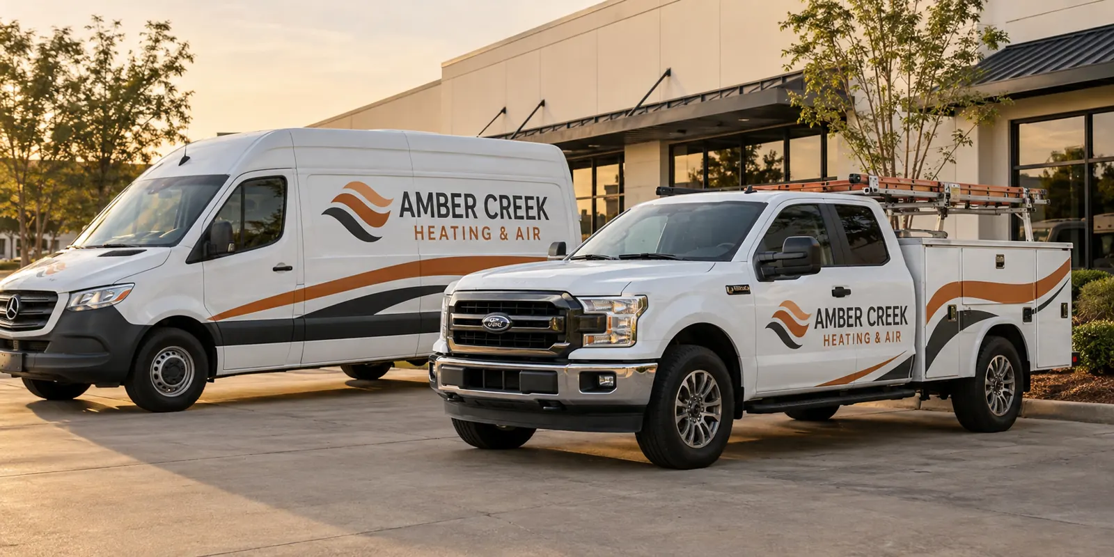 Amber Creek Heating and Air service van and utility truck, fictional design concept. Amber Creek Heating and Air service van and utility truck, fictional design concept.