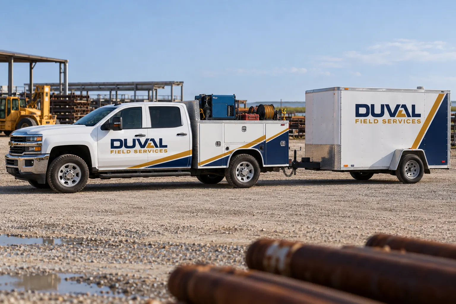 Houma and Thibodaux Vehicle Wraps and Working-Asset Graphics – fictional design concept Duval Field Services truck and trailer, fictional Houma/Thibodaux-area planning concept