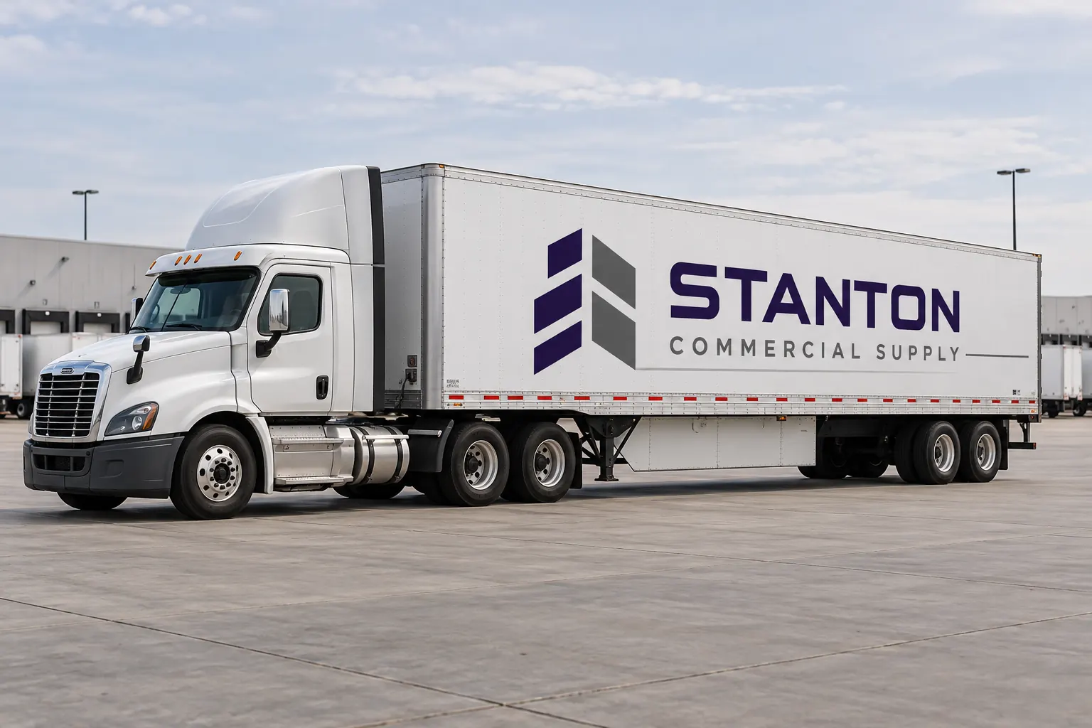 Houston Fleet Graphics Planning: Qualify the Work Arrangement First – fictional design concept Stanton Commercial Supply semi-trailer, fictional fleet qualification concept in a generic yard