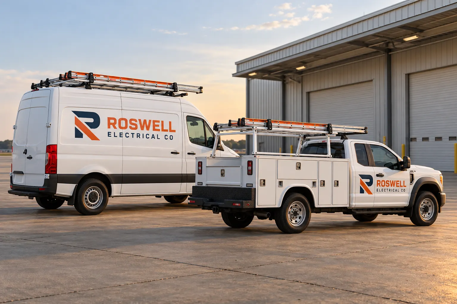 Kenner Vehicle Wraps: Fit One Identity to Different Work Vehicles – fictional design concept Roswell Electrical Co van and service-body truck, fictional Kenner-area planning concept