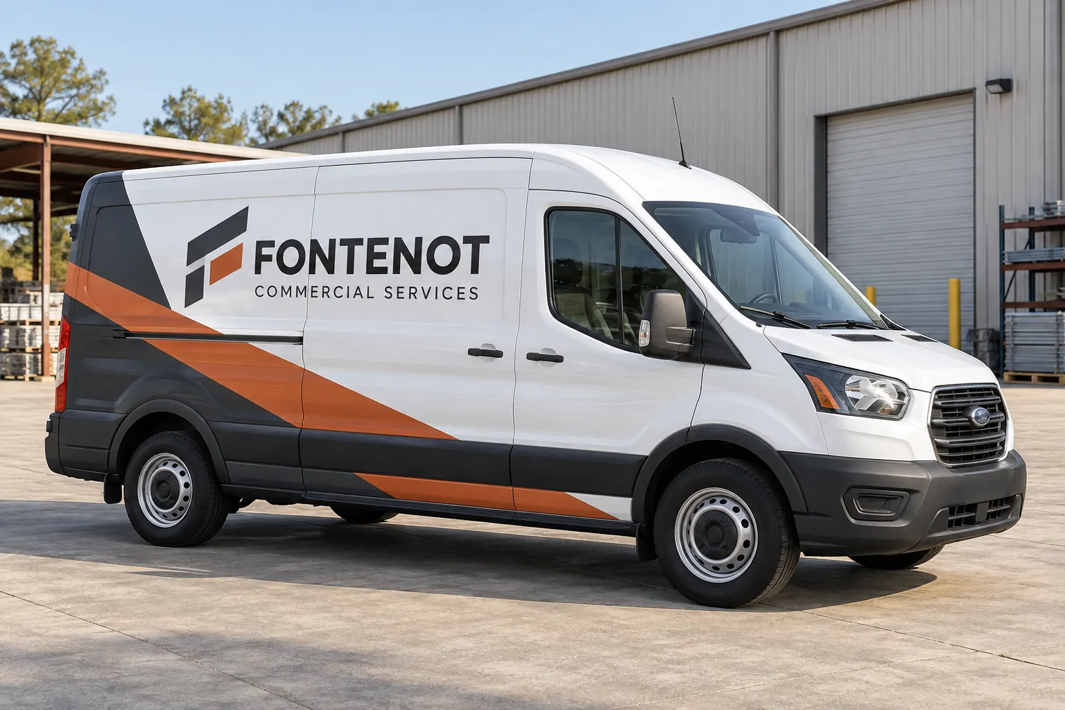 Lafayette Vehicle Wraps: Compare Coverage With a Complete Commercial Brief – fictional design concept Fontenot Commercial Services van, fictional Lafayette-area partial-wrap concept