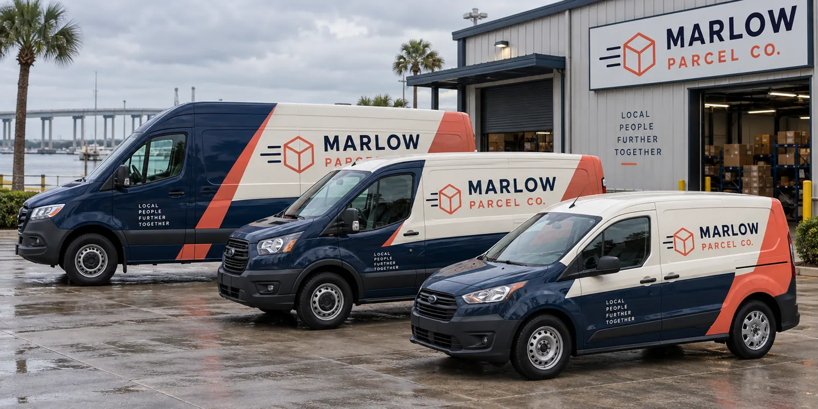 Marlow Parcel Co coordinated last-mile van fleet, fictional design concept