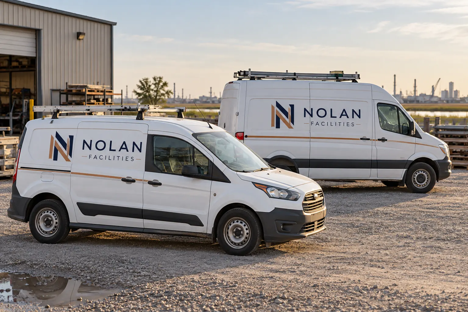 Marrero Commercial Vehicle Wraps: Plan the Identity and Starting Condition Together – fictional design concept Nolan Facilities vans with different configurations, fictional Marrero-area planning concept