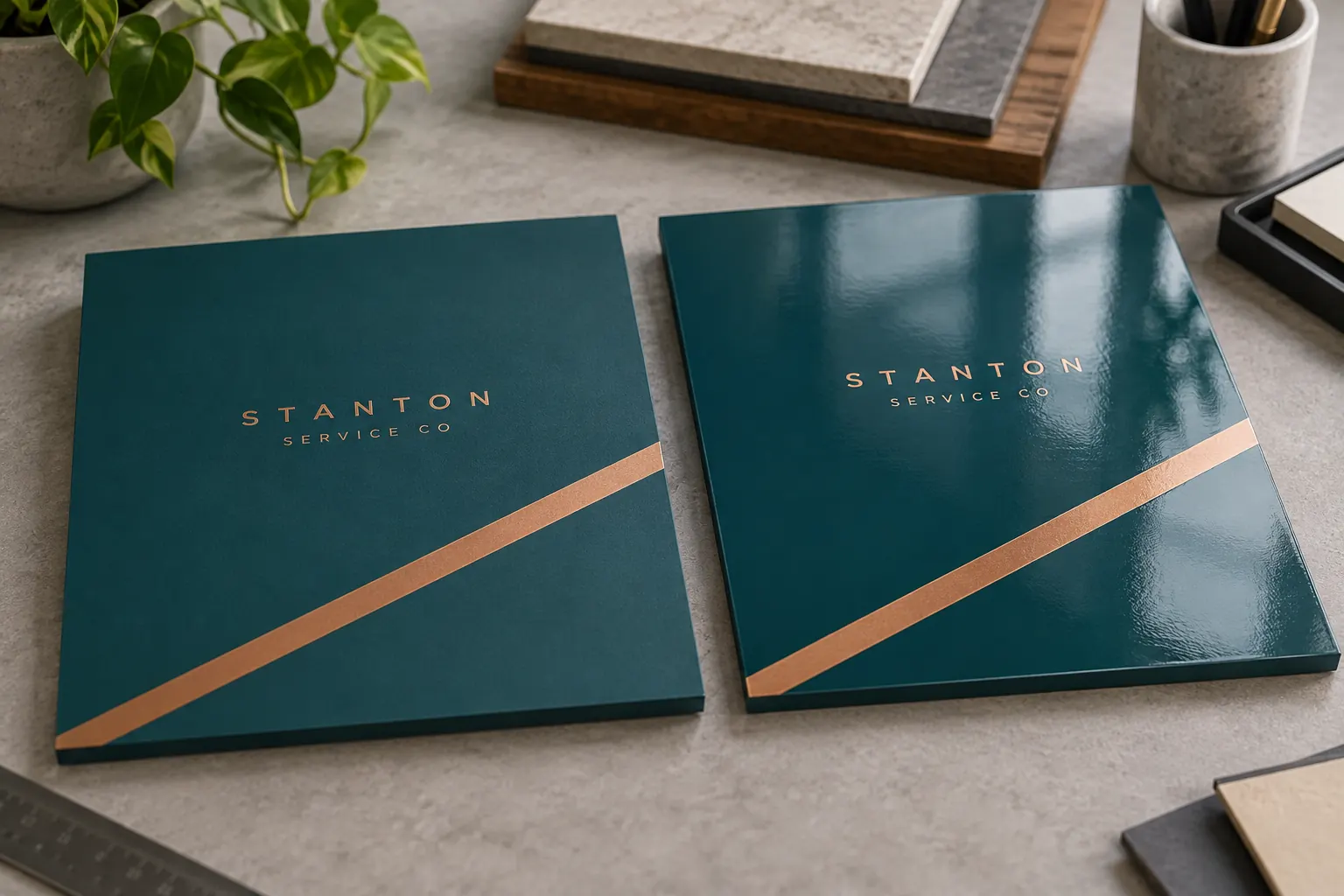 Matte Versus Gloss Wrap Laminate for Commercial Fleet Graphics – fictional design concept Illustrative matte and gloss appearance samples with fictional Stanton Service Co identity