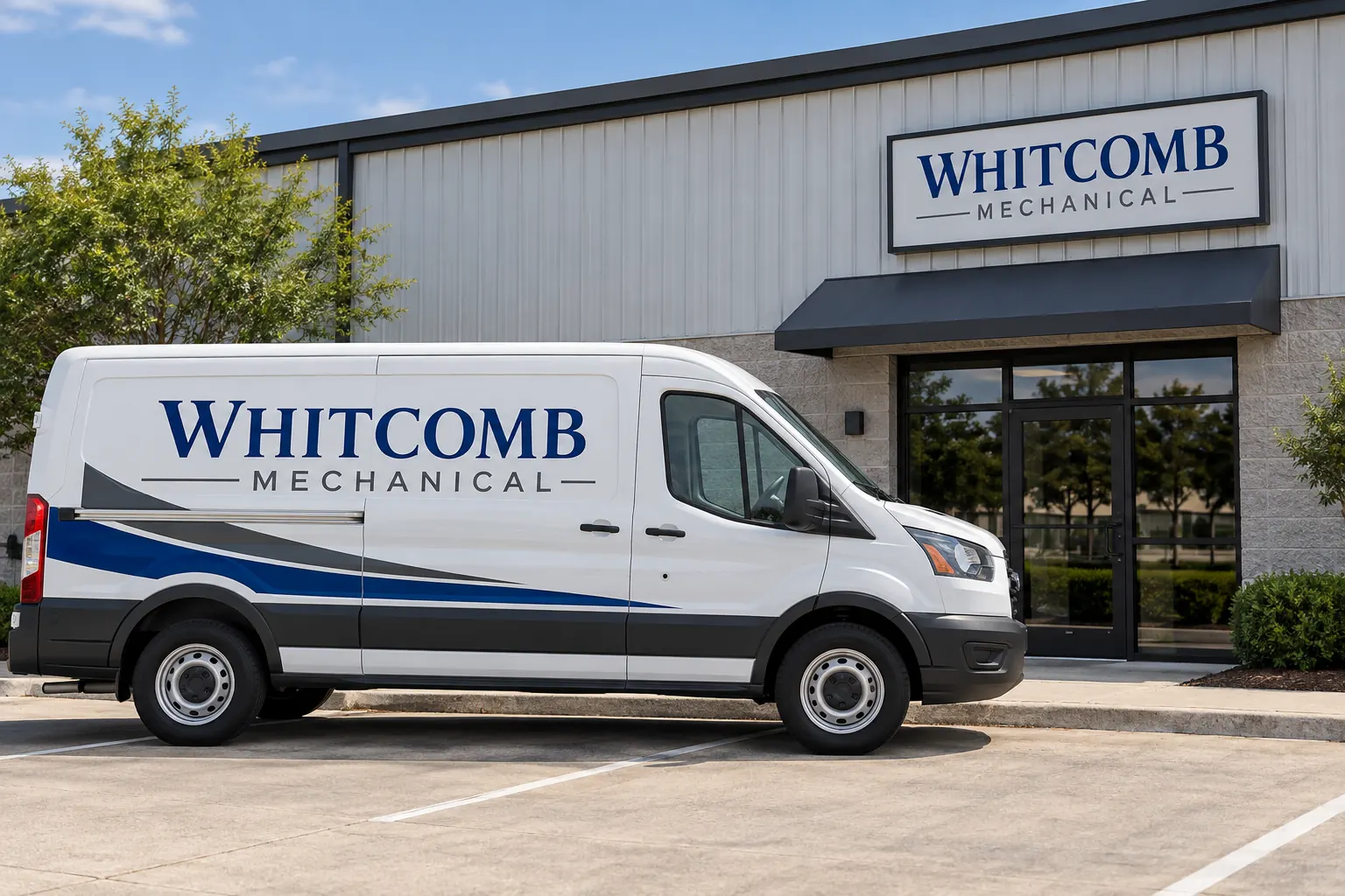 Metairie Vehicle Wraps and Coordinated Business Graphics – fictional design concept Whitcomb Mechanical van and commercial frontage, fictional Metairie-area planning concept