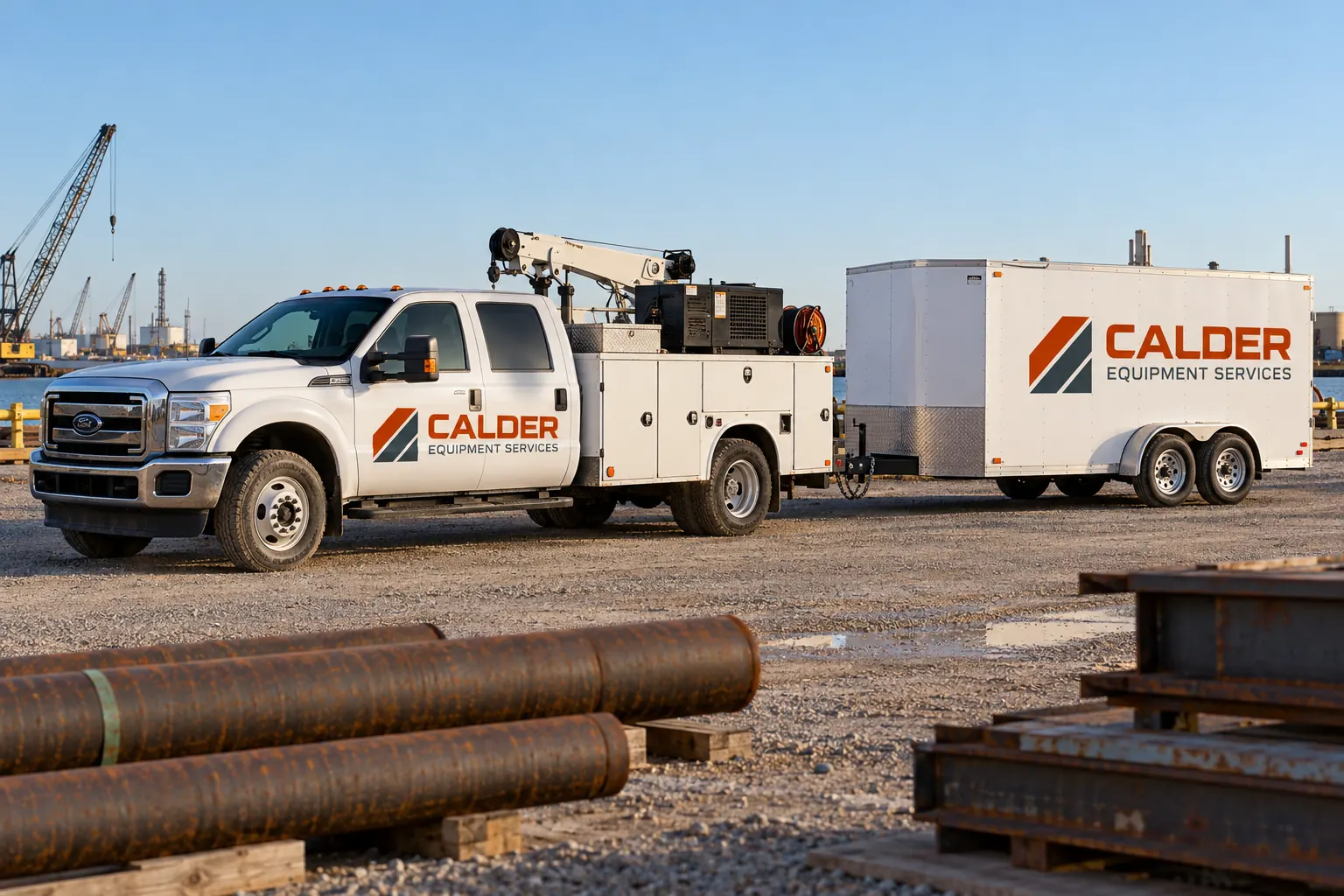 Mobile, Alabama Fleet Graphics: Plan the Actual Working Vehicle and Handoff – fictional design concept Calder Equipment Services truck and trailer, fictional Mobile-area concept