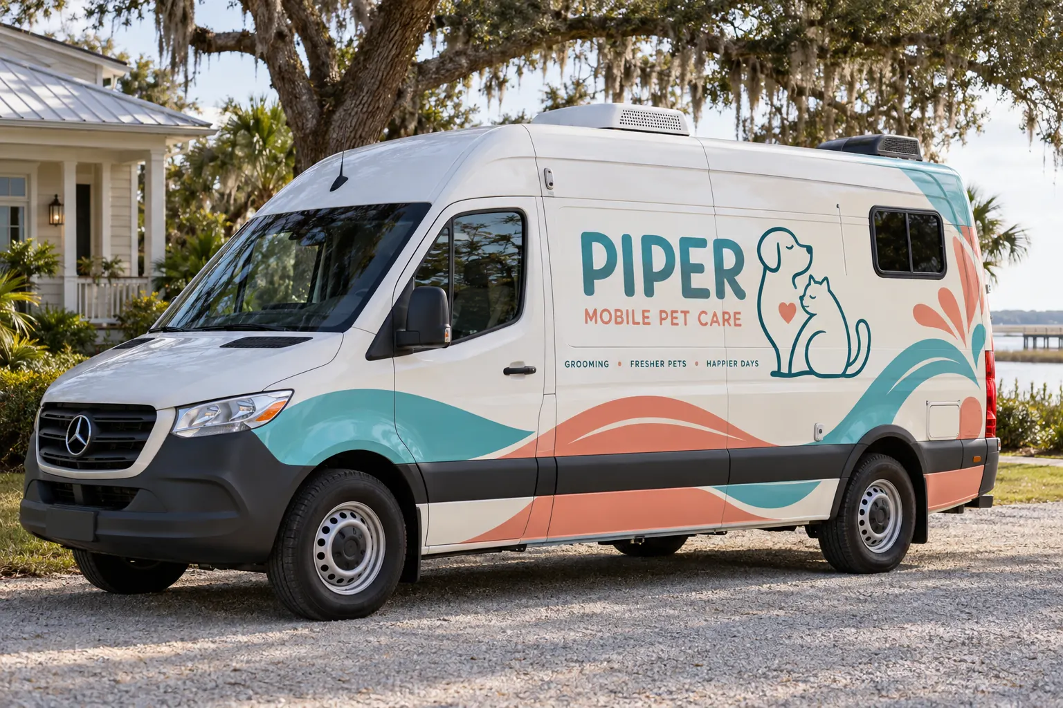 Piper Mobile Pet Care grooming van graphics, fictional design concept