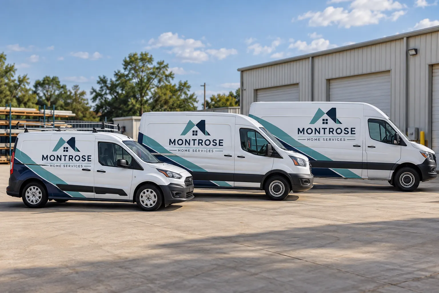 Multi-Location Fleet Identity: A Planning Example for Central and Branch Approval – fictional design concept Montrose Home Services vans, fictional multi-location identity planning concept