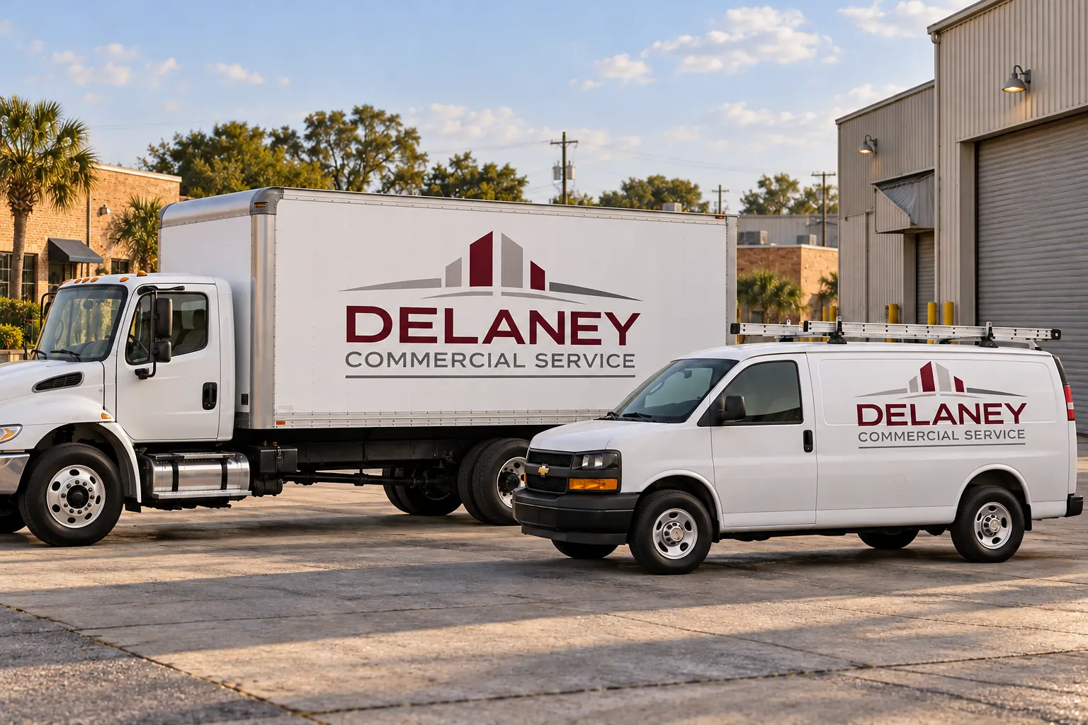New Orleans Commercial Vehicle Wraps and Fleet Planning – fictional design concept Delaney Commercial Service box truck and van, fictional New Orleans-area planning concept