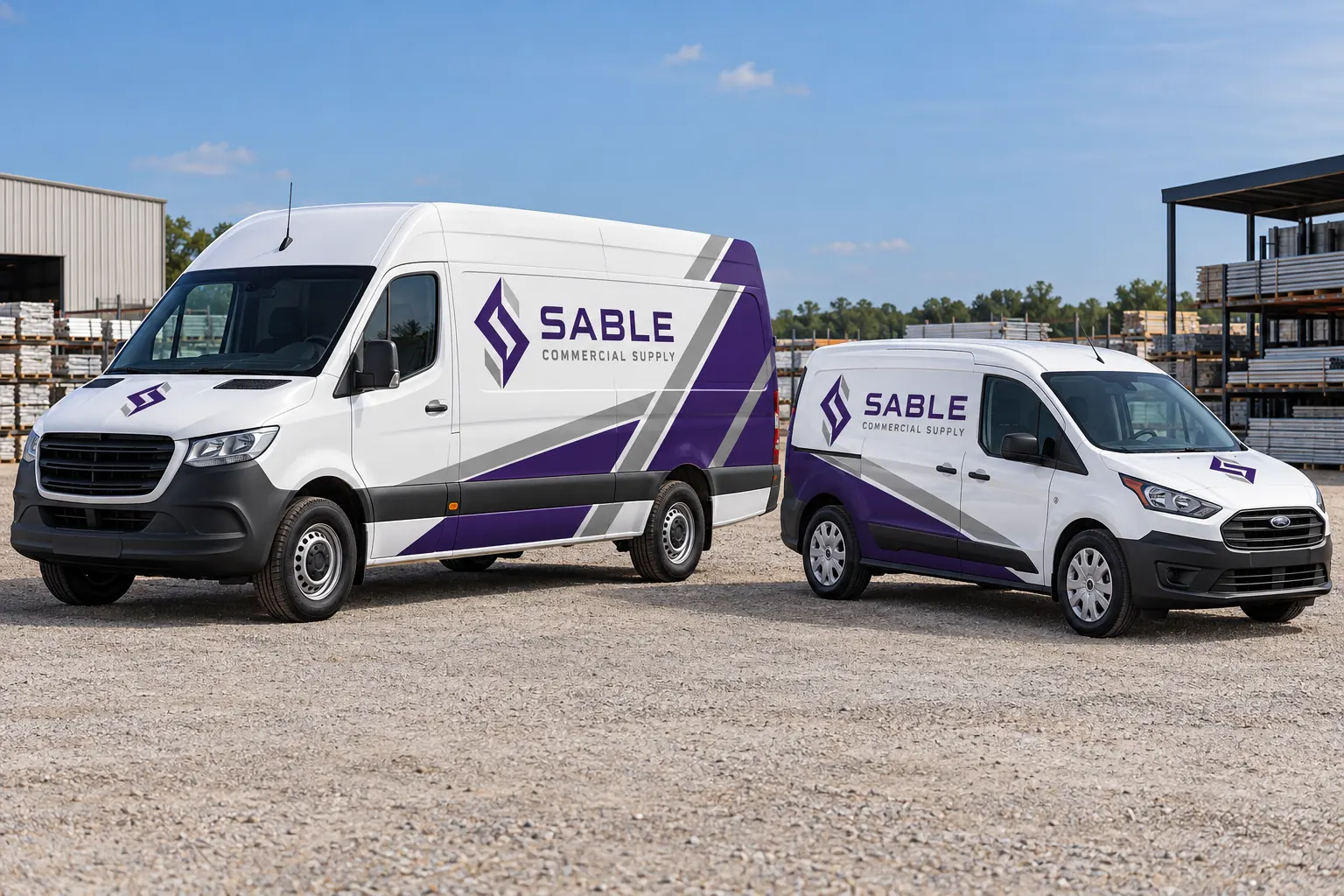 Sable Commercial Supply identity on different van configurations, fictional design concept