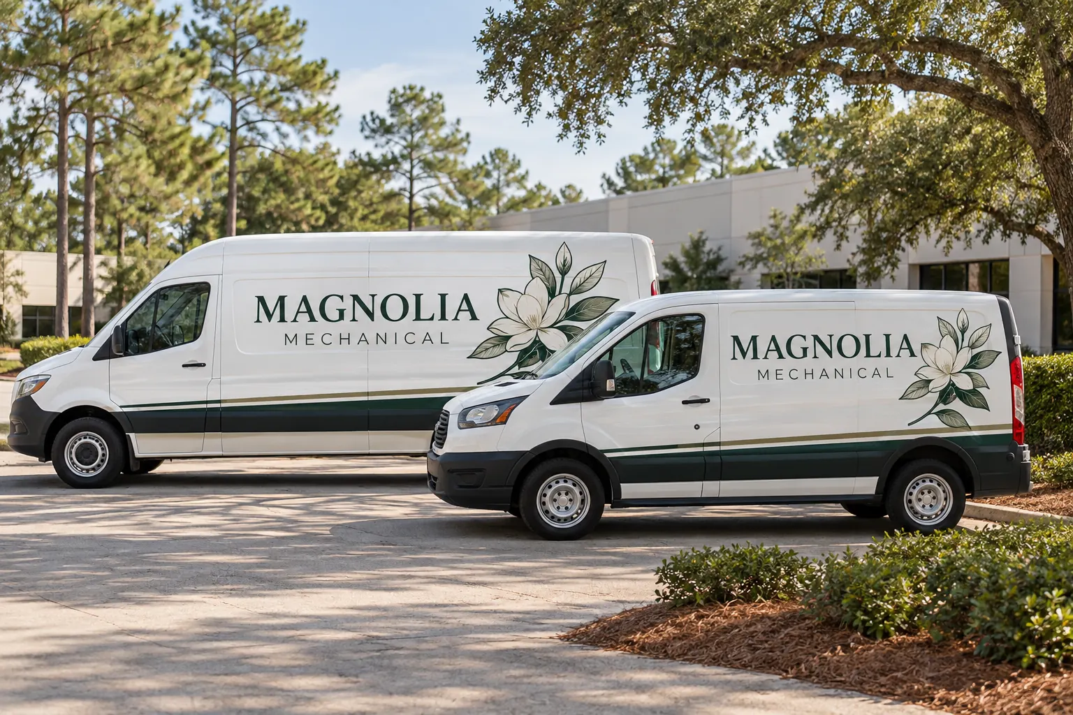Northshore Vehicle Wraps and Fleet Graphics: Choose the Actual Project Route – fictional design concept Magnolia Mechanical vans, fictional Northshore identity planning concept