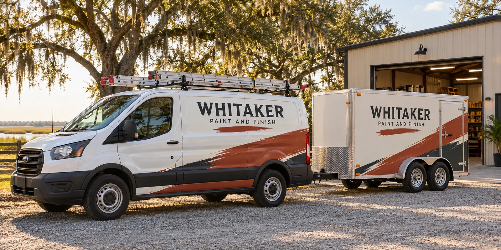 Painting Contractor Vehicle Wraps for Vans, Trucks and Trailers – fictional design concept Whitaker Paint and Finish van and tool-trailer graphics, fictional design concept