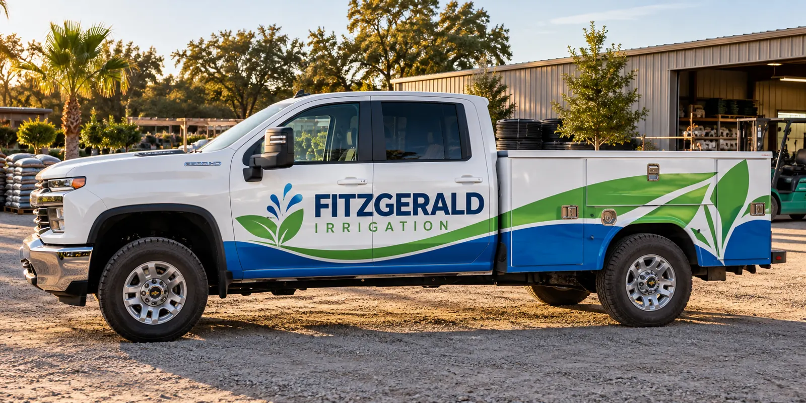 Partial Commercial Vehicle Wraps – fictional design concept Fitzgerald Irrigation partial utility-truck graphics with visible white paint, fictional design concept