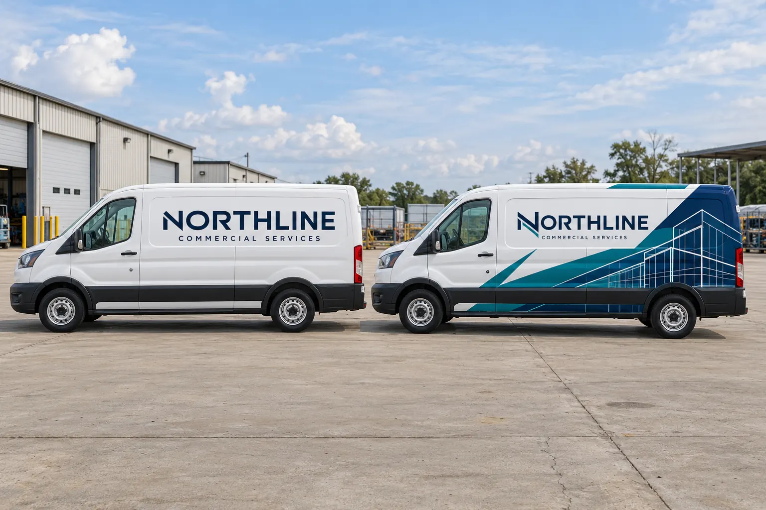 Printed Versus Cut Vinyl Graphics for Commercial Vehicles – fictional design concept Northline Commercial Services lettering and printed-layout concepts, fictional design comparison
