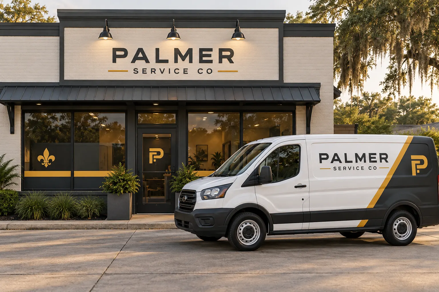 Signs and Vehicle Graphics: A Planning Example for One Recognizable Business – fictional design concept Palmer Service Co property and van, fictional coordinated identity concept