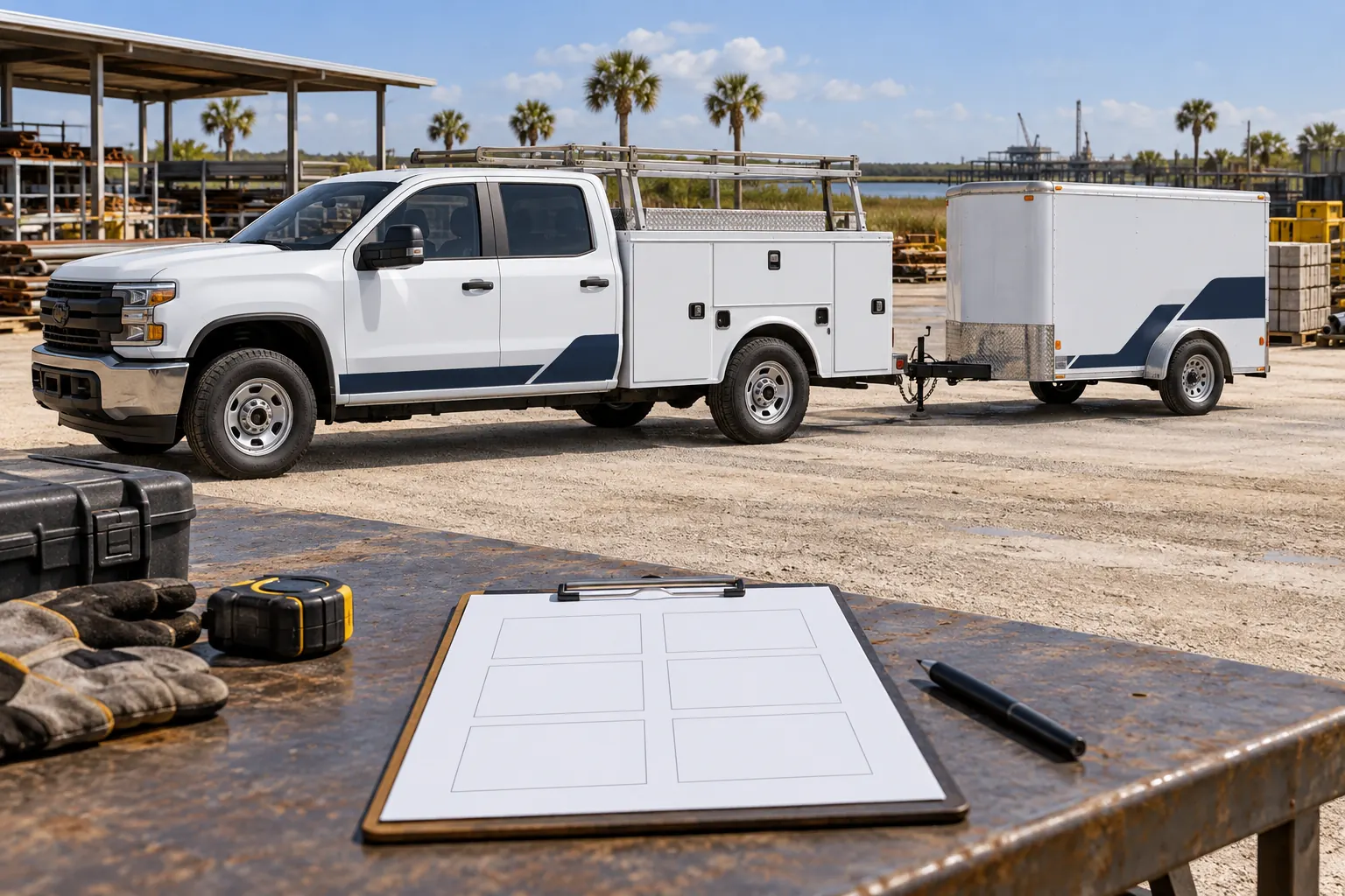 Unbranded service-body truck and trailer with scope references, illustrative public-buyer concept