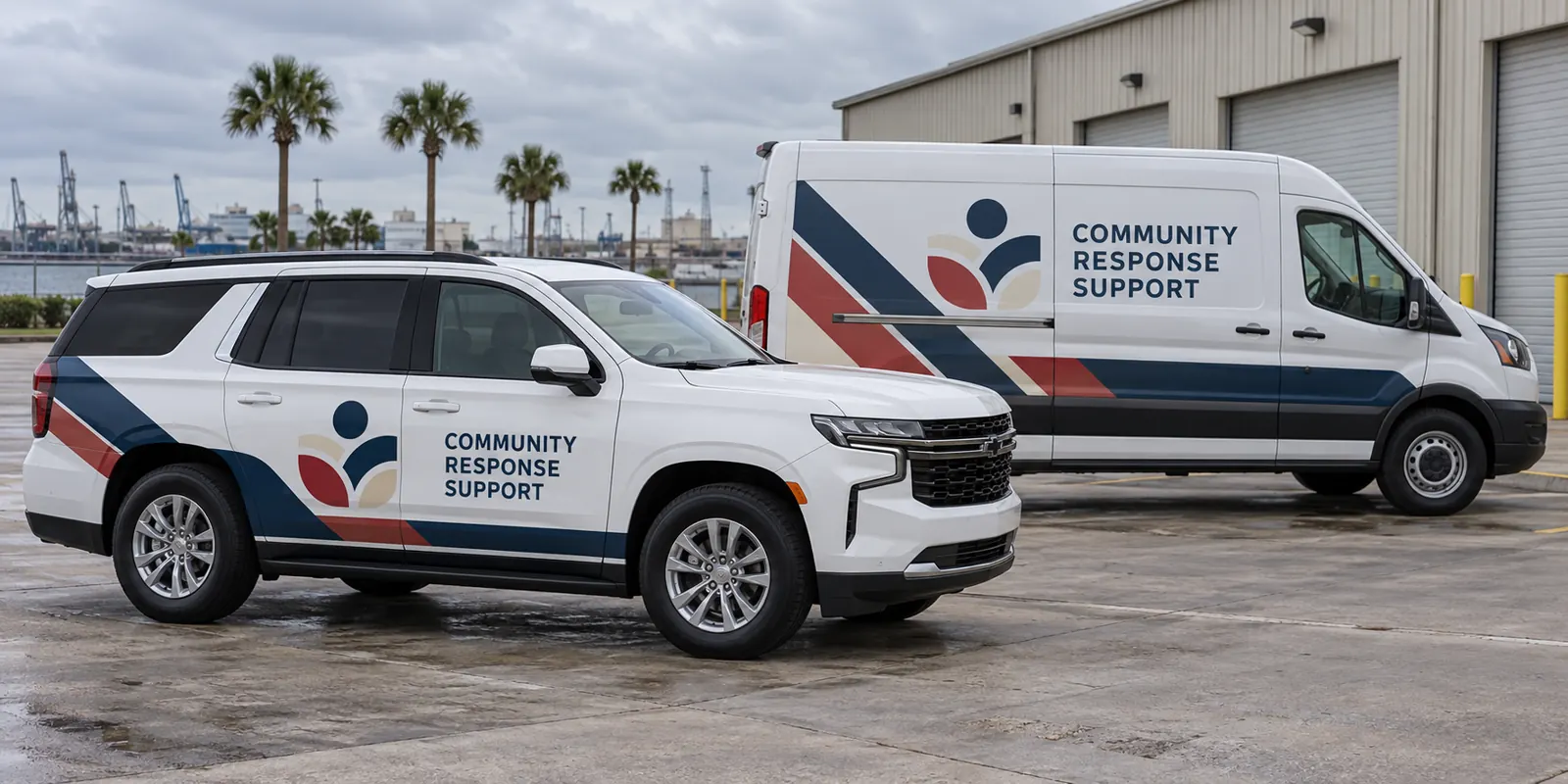 Public Safety Fleet Identity and Graphics Planning – fictional design concept Community Response Support SUV and equipment van, fictional support identity concept