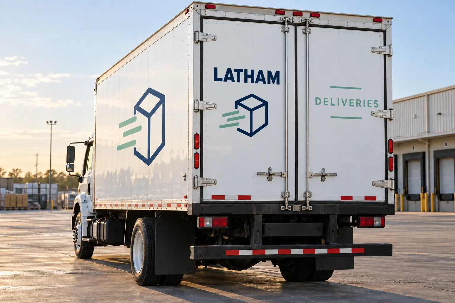 Rear-Door Graphics for Box Trucks and Commercial Vans – fictional design concept Latham Deliveries rear-door identity clear of locking bars, fictional design concept