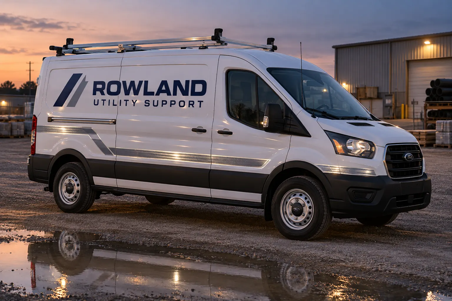 Reflective Vehicle Graphics: Compare Visibility, Branding and Required Markings – fictional design concept Rowland Utility Support van at dusk, fictional reflective graphics concept
