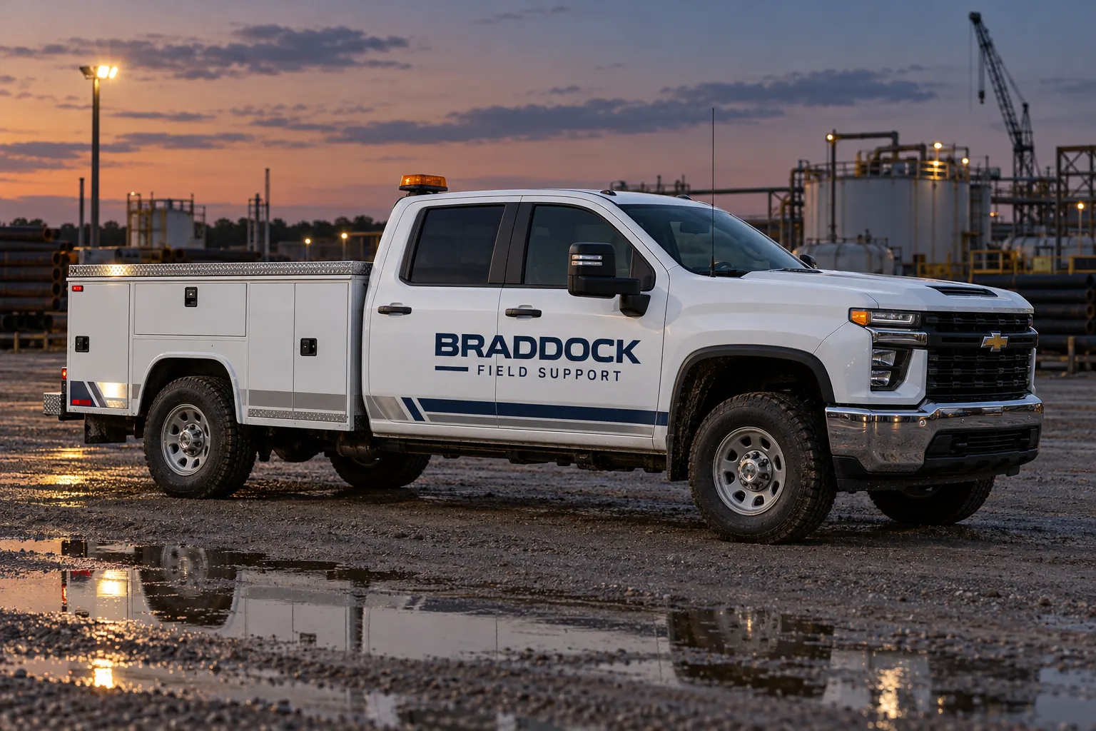 Reflective Vehicle Graphics and Safety Marking Project Planning – fictional design concept Braddock Field Support service-body truck with reflective accents, fictional design concept