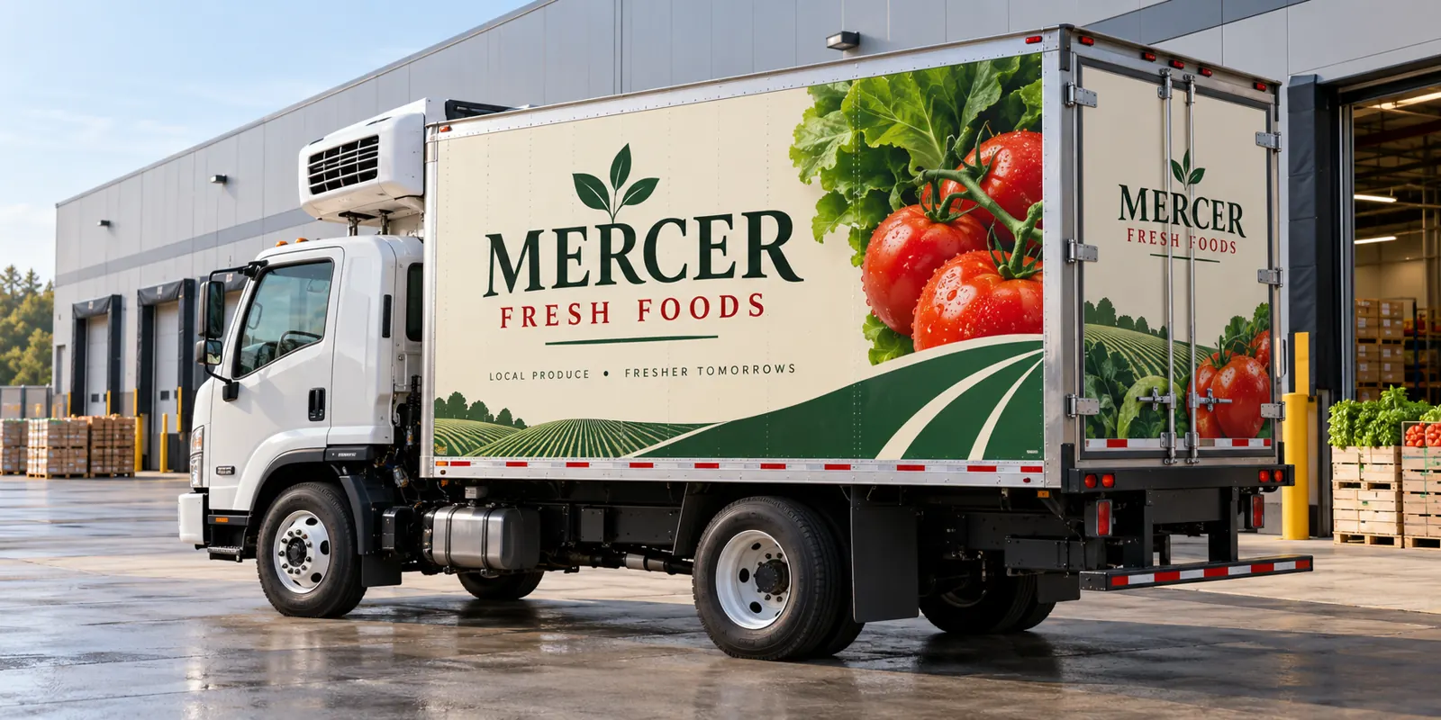 Refrigerated Truck Wraps for Commercial Delivery Fleets – fictional design concept Mercer Fresh Foods refrigerated delivery-truck graphics, fictional design concept