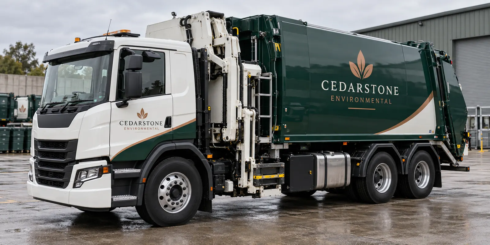 Waste and Refuse Truck Graphics for Complex Vehicle Bodies – fictional design concept Cedarstone Environmental refuse-truck graphics, fictional design concept