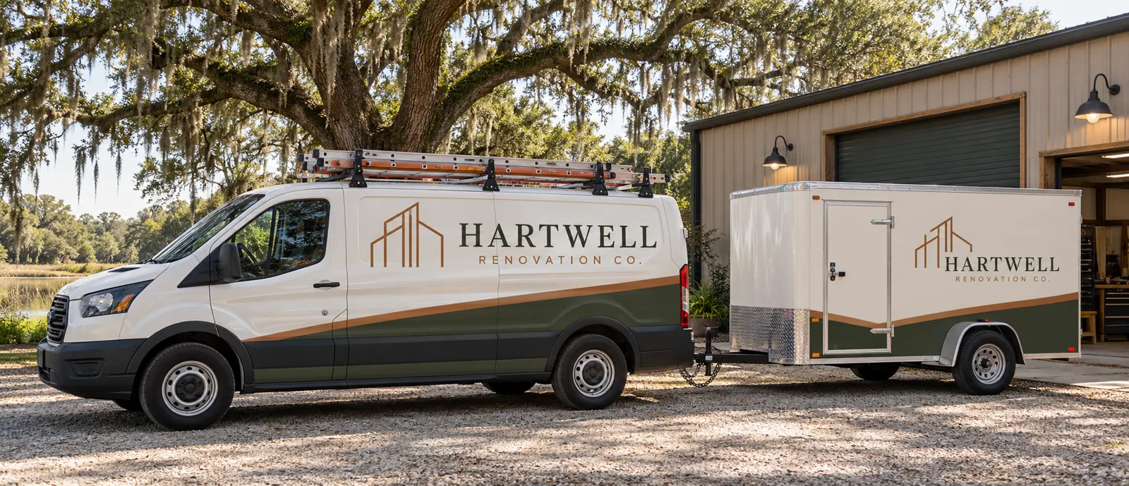 Remodeling Company Vehicle Wraps and Fleet Graphics – fictional design concept Hartwell Renovation Co work van and tool trailer, fictional design concept