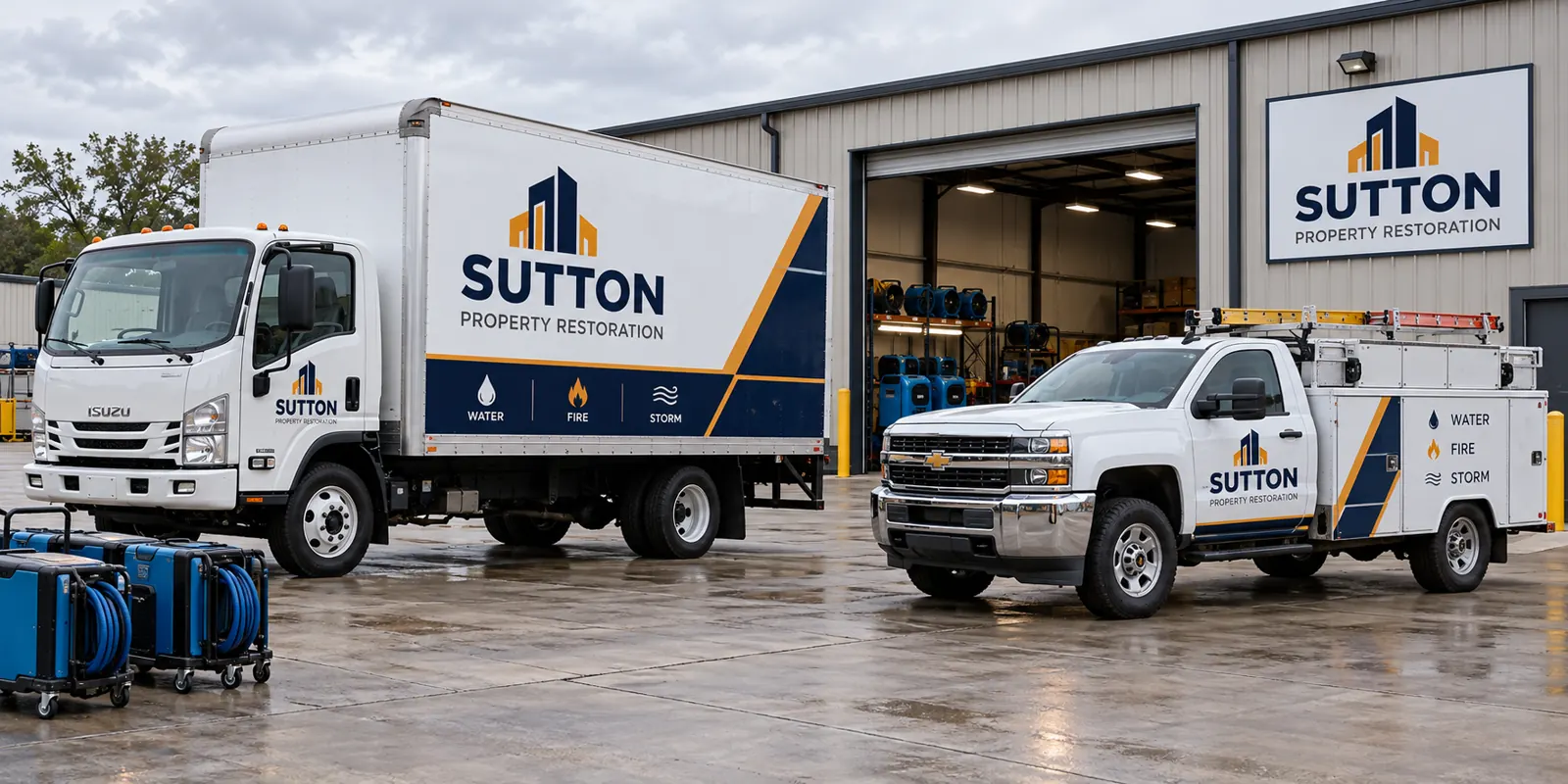 Restoration Company Vehicle Wraps for Working Fleets – fictional design concept Sutton Property Restoration box truck and service pickup, fictional design concept