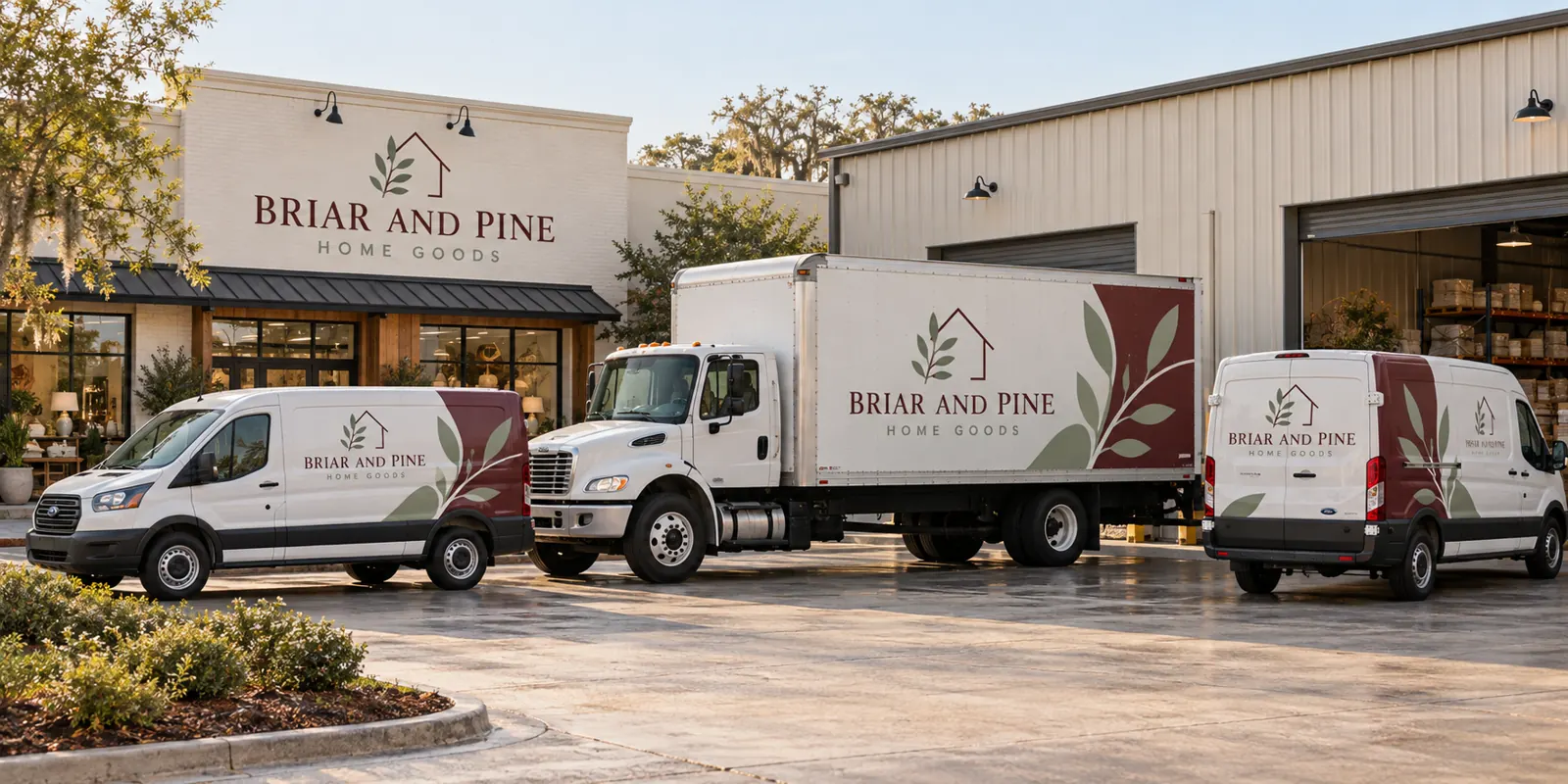Briar and Pine Home Goods delivery trucks and vans, fictional retail concept