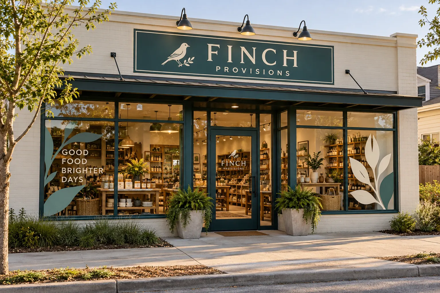 Finch Provisions coordinated retail storefront graphics, fictional design concept