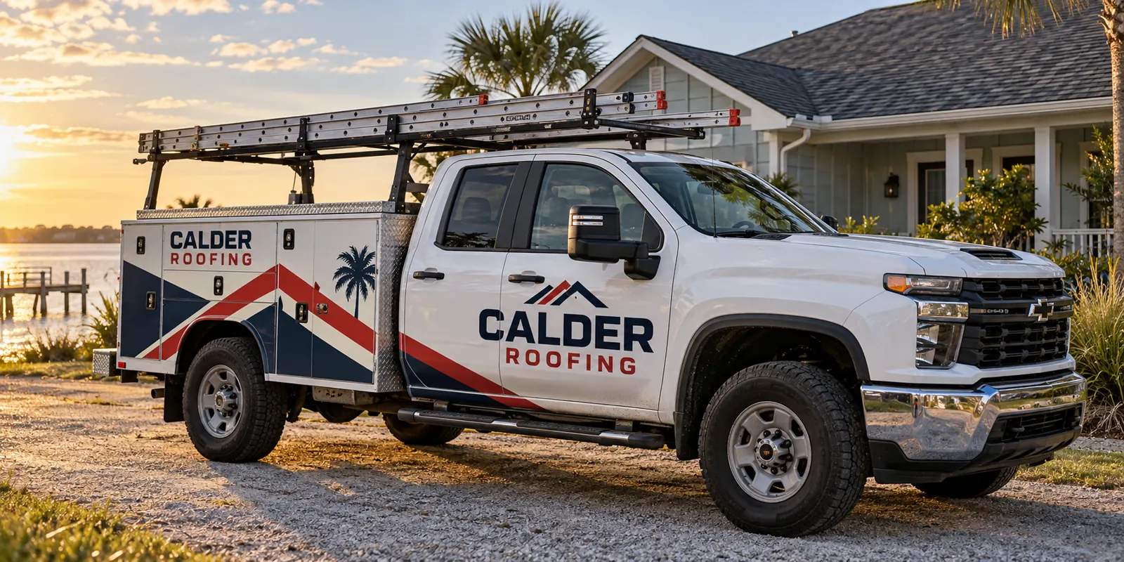 Roofing Company Vehicle Wraps for Trucks, Vans and Trailers – fictional design concept Calder Roofing utility-truck graphics with ladder rack, fictional business