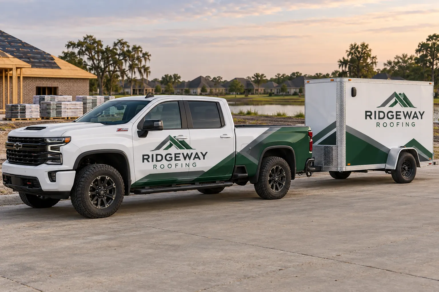 Ridgeway Roofing pickup and enclosed trailer, fictional paired-identity concept