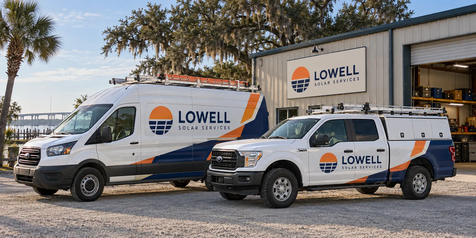 Lowell Solar Services van and work pickup, fictional design concept