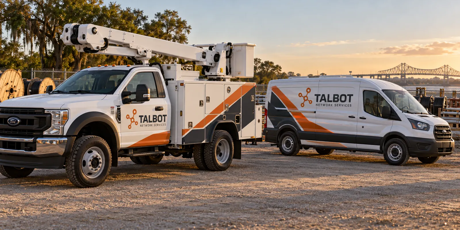 Telecom Contractor Vehicle Wraps and Fleet Graphics – fictional design concept Talbot Network Services utility truck and van, fictional design concept