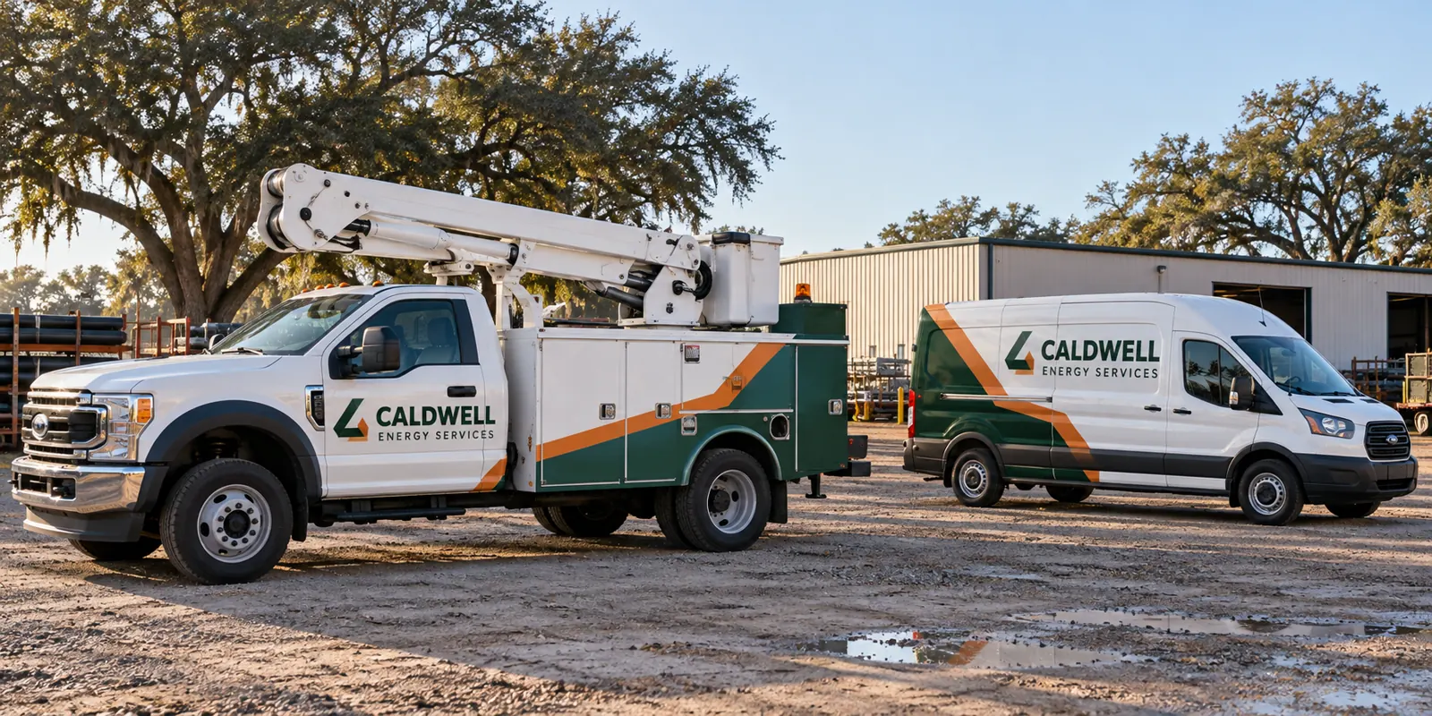 Utilities and Energy Fleet Graphics Planning – fictional design concept Caldwell Energy Services utility truck and van, fictional private-contractor concept