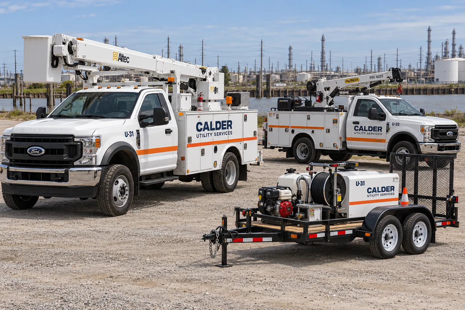 Utility Fleet Decals and Unit Markings With Clear Asset Records – fictional design concept Calder Utility Services trucks and equipment trailer with unit markings, fictional design concept
