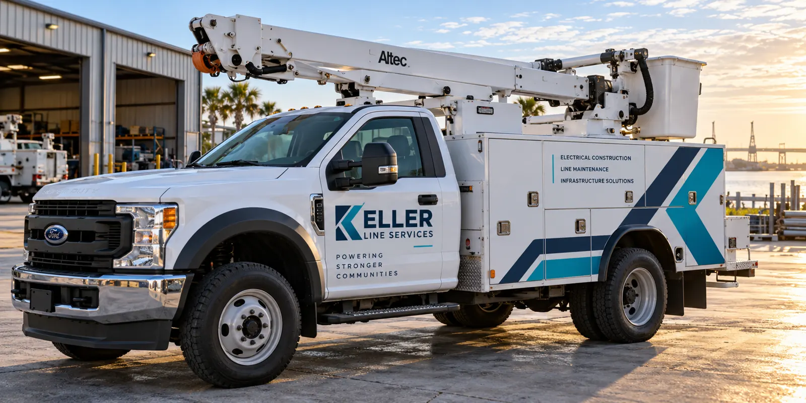 Keller Line Services utility-truck branding with stowed boom, fictional design concept