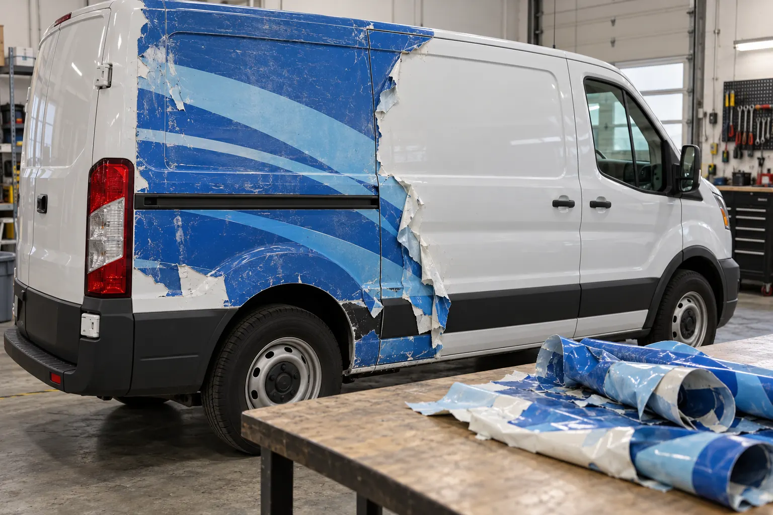 Vehicle Wrap Removal Cost: Define the Starting Condition – fictional design concept Illustrative old vehicle graphics removal scene, not customer job photography