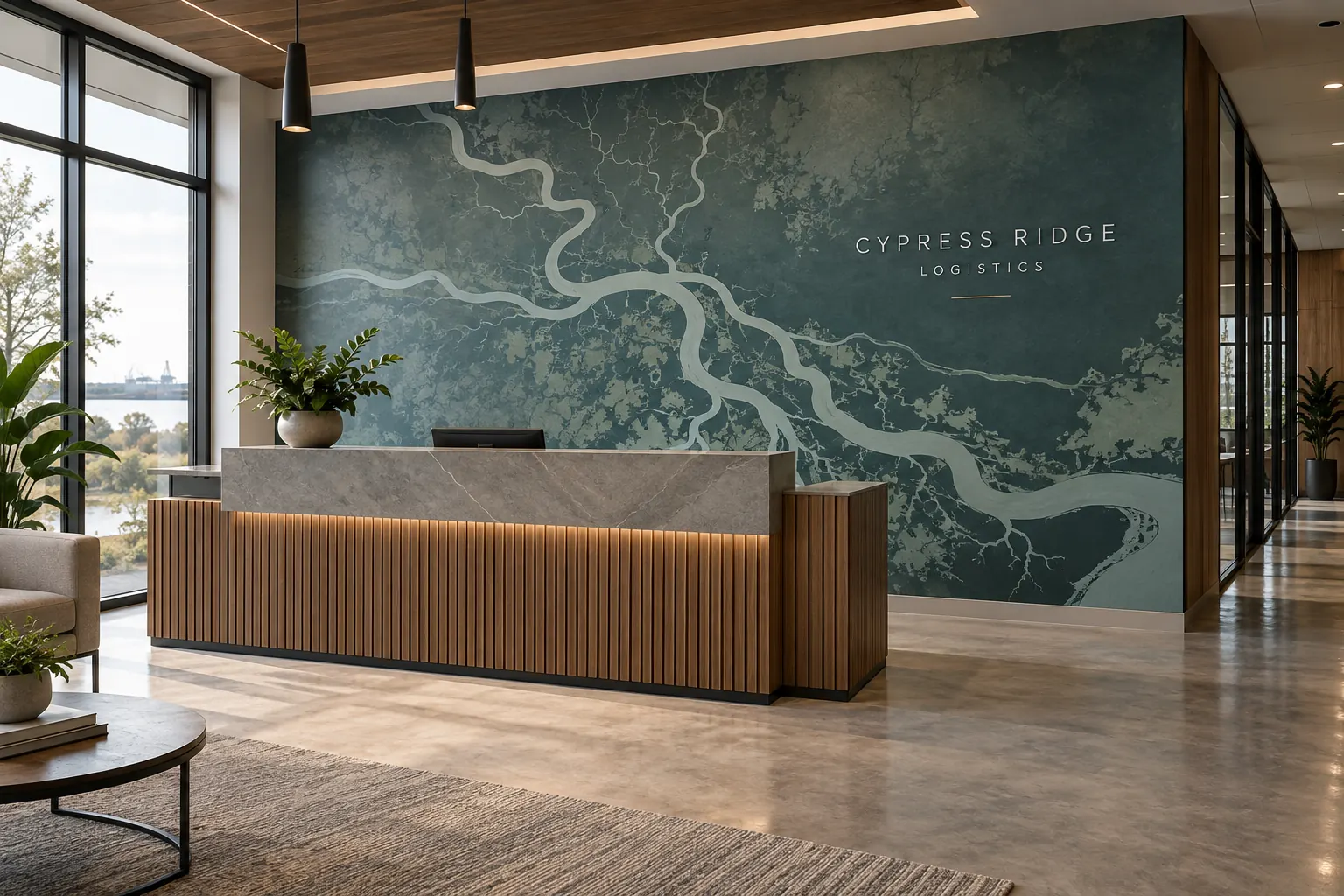Wall Murals and Interior Graphics for Commercial Spaces – fictional design concept Cypress Ridge Logistics reception wall mural, fictional design concept