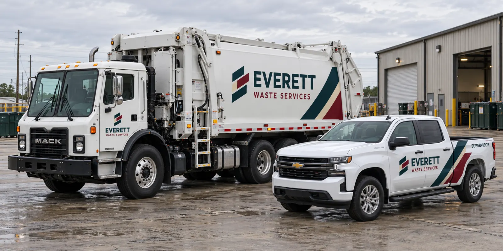 Waste Management Fleet Graphics for a Consistent Operator Identity – fictional design concept Everett Waste Services collection truck and supervisor pickup, fictional design concept