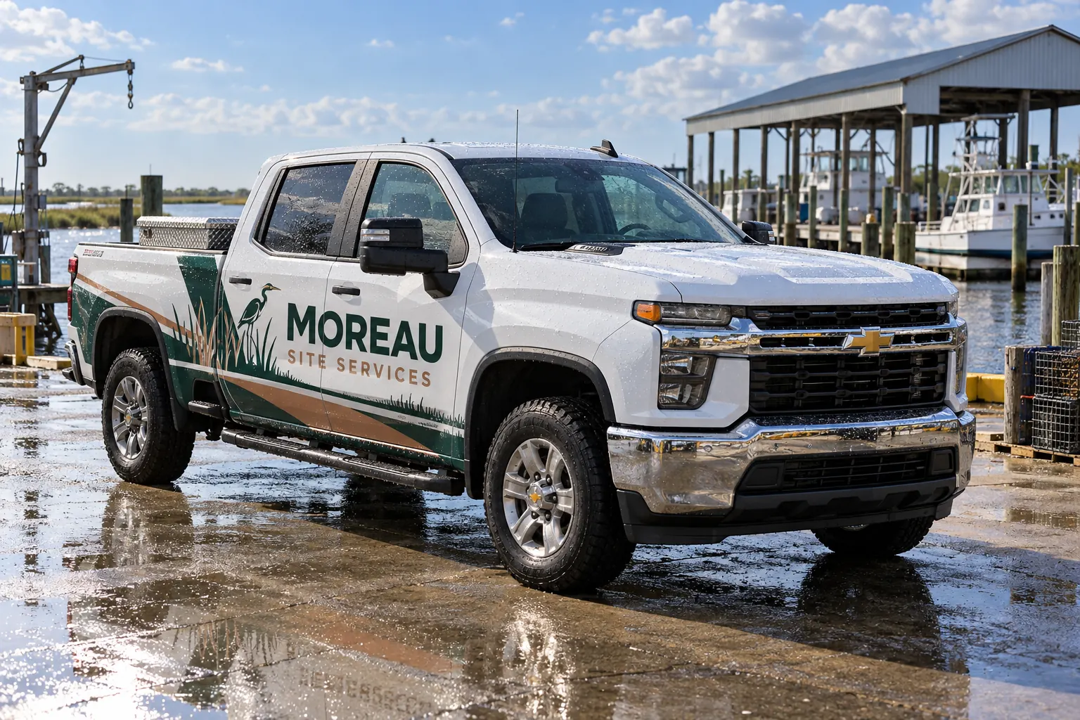 Moreau Site Services pickup in a coastal work setting, fictional design concept