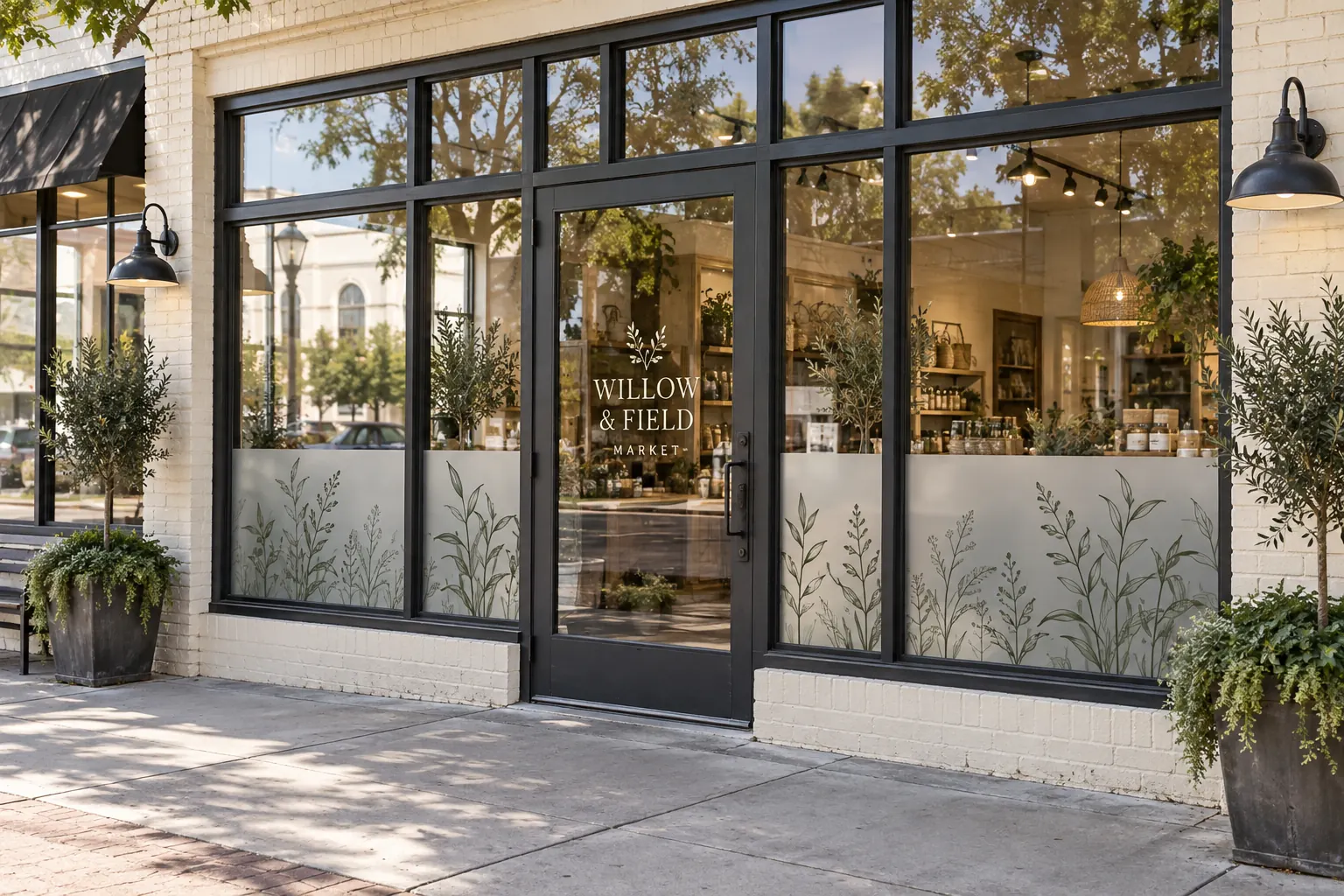 Window Graphics for Clear Commercial Entrances and Storefronts – fictional design concept Willow and Field Market storefront window graphics, fictional design concept