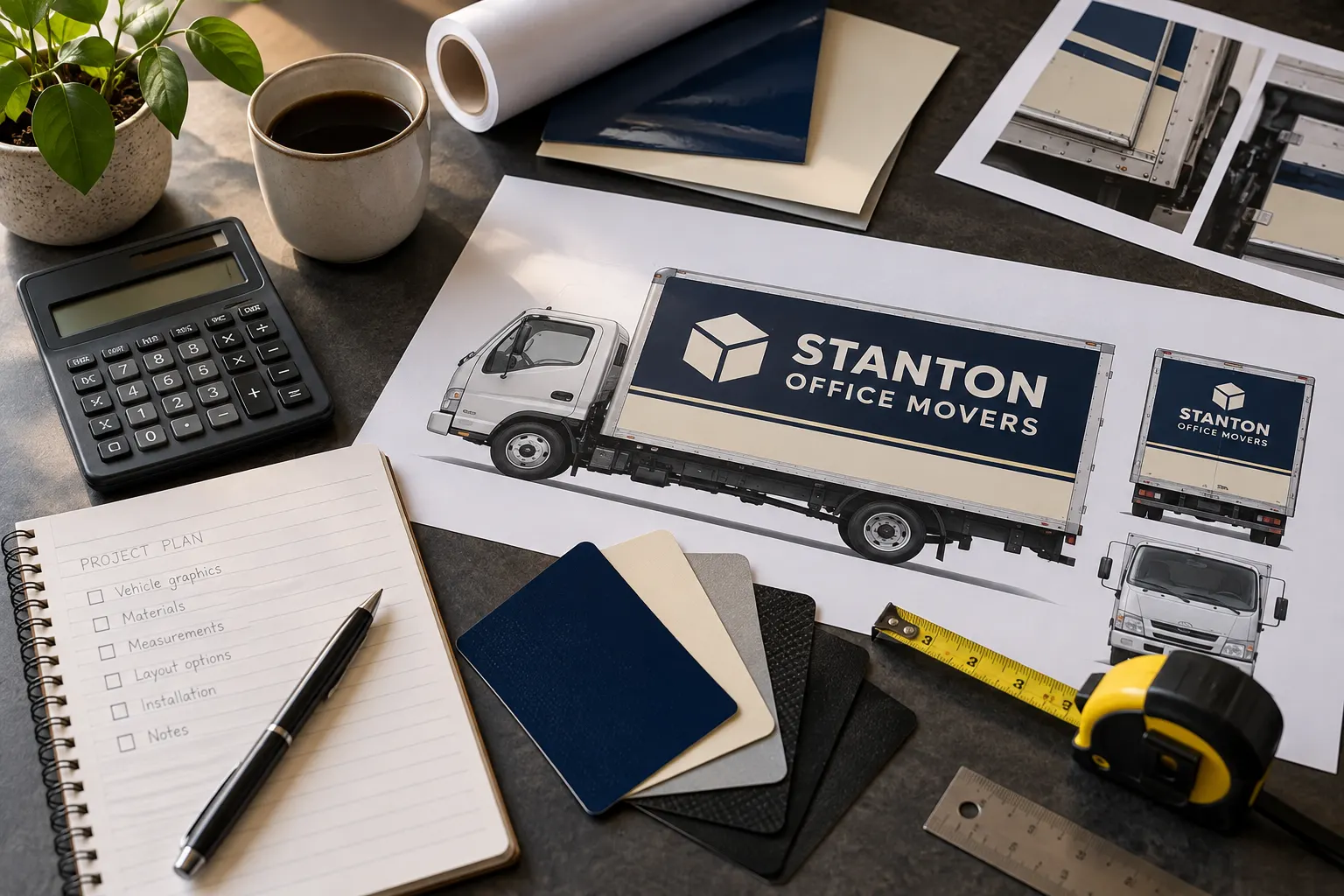Vehicle Wrap Scope and Budget Worksheet – fictional design concept Illustrative wrap budget worksheet with Stanton Office Movers concept artwork, fictional business