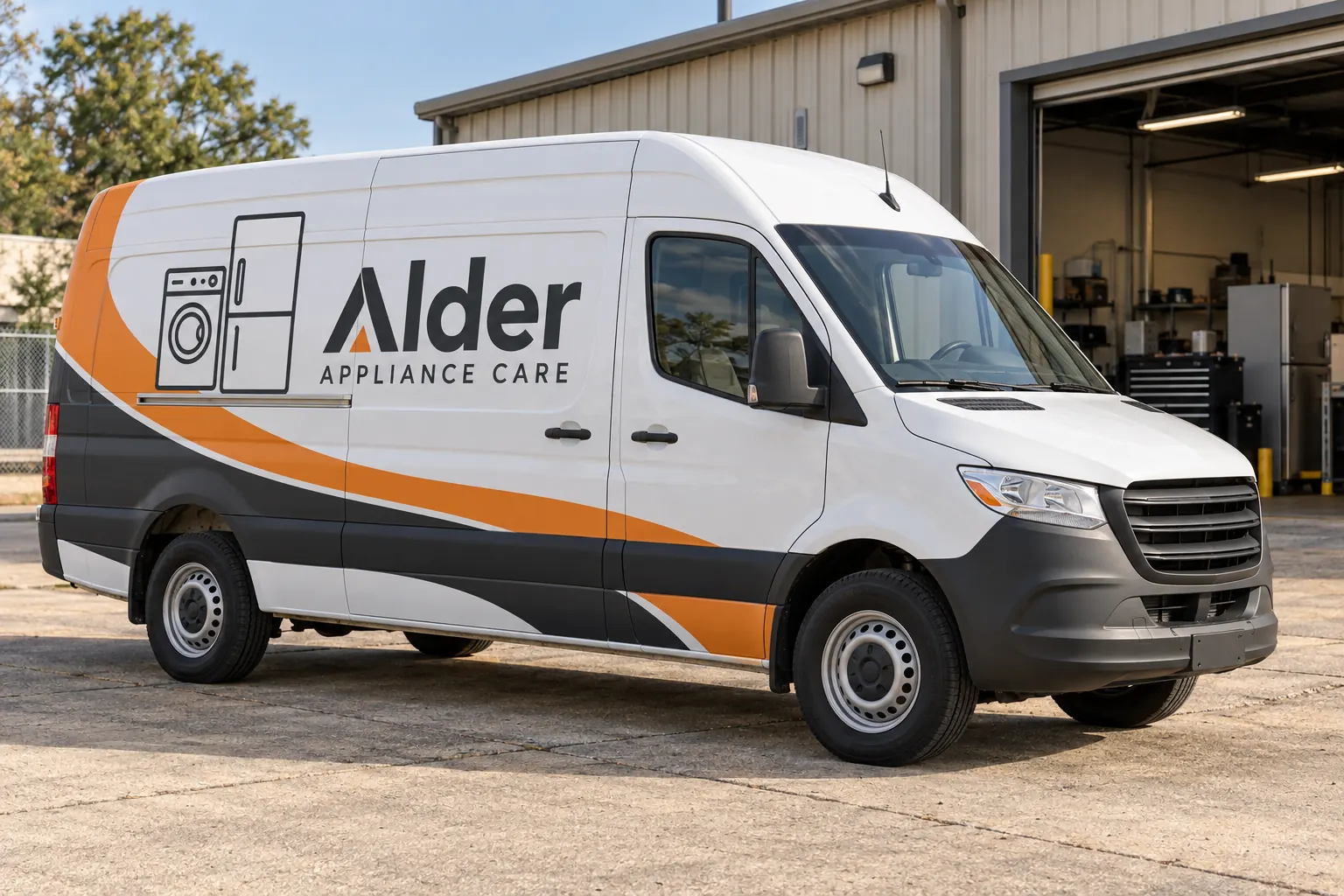 Appliance Repair Van Graphics — fictional commercial concept Fictional Alder Appliance Care high-roof van with orange partial graphics and appliance outlines